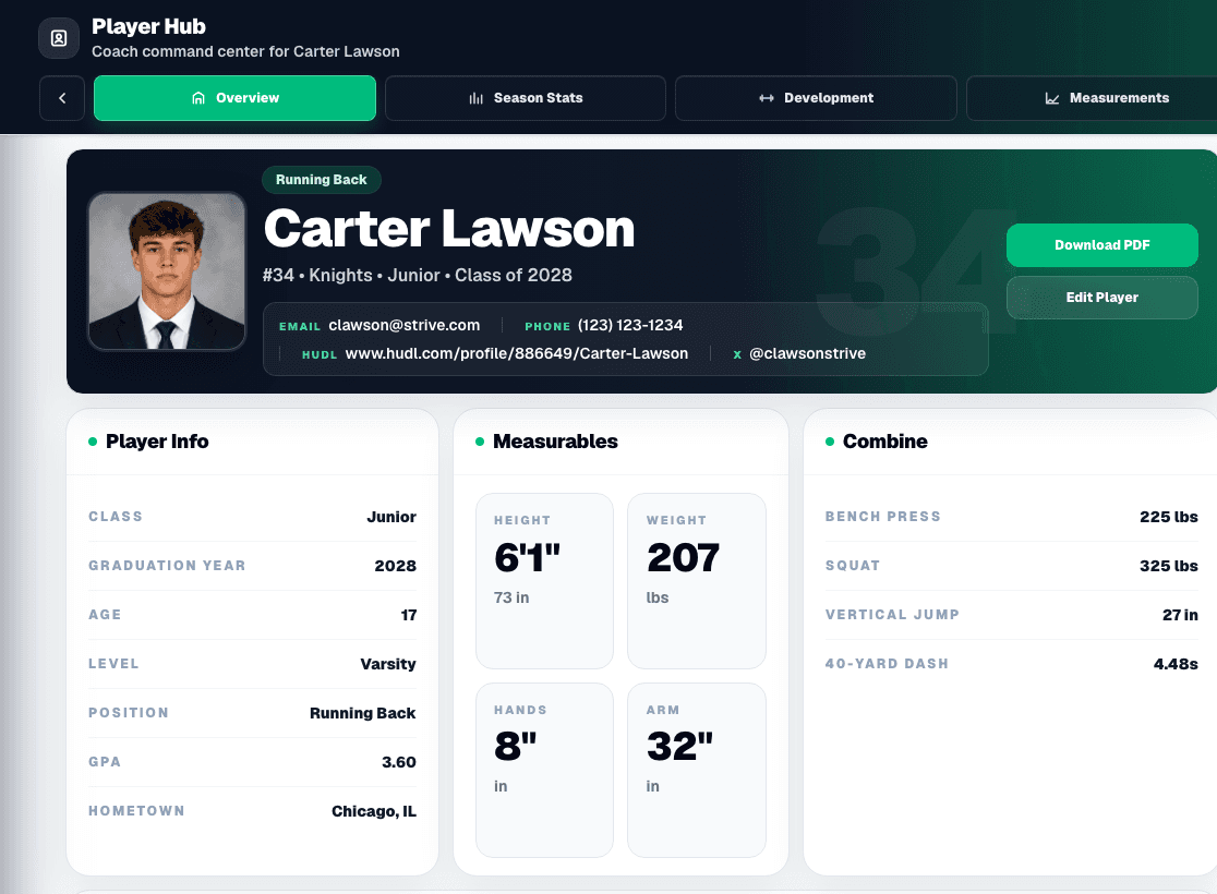 Strive Stats player profile showing a recruiting-ready snapshot of one athlete.